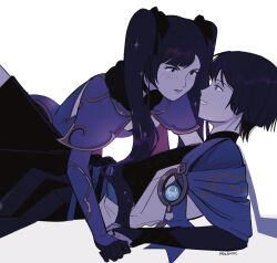  1boy 1girl adam's_apple anemo_symbol_(genshin_impact) aqua_eyes armor artist_name asymmetrical_bangs black_bodysuit black_bow black_bridal_gauntlets black_choker black_gloves black_hair black_shorts blue_cape blue_gem blue_kimono blunt_bangs blunt_ends blush bodysuit bow bridal_gauntlets cape choker closed_mouth eyelashes feathers fur-trimmed_cape fur_trim gem genshin_impact girl_on_top gloves gold gold_trim grey_eyes grey_lips hair_bow hetero highres japanese_armor japanese_clothes juban kimono kote kurokote long_hair looking_at_another mac_(polamac) mona_(genshin_impact) open_clothes open_kimono open_mouth pom_pom_(clothes) purple_rope purple_sash purple_sleeves reclining red_cape rope sash scaramouche_(genshin_impact) shorts side_cape star_(symbol) star_choker star_print swept_bangs tsurime turtleneck turtleneck_bodysuit twintails wanderer_(genshin_impact) white_background white_kimono white_mouth yellow_feathers 