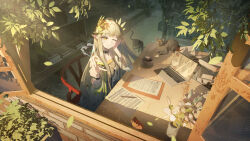  1girl absurdres arknights brown_hair closed_mouth coat commentary_request computer elf highres hui_mou indoors laptop laurel_crown leaf long_hair looking_at_viewer mole mole_under_eye muelsyse_(arknights) one_eye_closed open_clothes open_coat open_window pointy_ears sitting smile solo table white_coat window yellow_eyes 