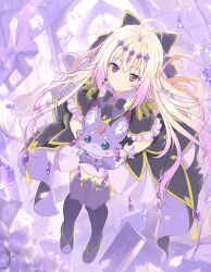  1girl antenna_hair black_bow black_capelet black_dress blonde_hair bow brooch capelet closed_mouth commentary_request cure_arcana_shadow diamond_hairband dress frilled_capelet frilled_cuffs frills gradient_hair hair_intakes hair_ribbon heart heart_brooch highres holding jewelry long_hair looking_at_viewer magical_girl mashu-tan meitantei_precure! moria_luluka multicolored_hair precure purple_veil purple_wrist_cuffs ribbon smile veil very_long_hair violet_eyes wrist_cuffs yamamoto_kazue 