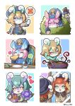  6+girls :&lt; :d ^_^ absurdres animal_ears apron aqua_background artist_name belt beret black_headwear blathine_(genshin_impact) blue_apron blue_background blue_coat blue_headwear blush bouquet brown_coat brown_hair brown_ribbon brown_shirt bush butter butter_knife buttons canvas_(object) chair closed_eyes closed_mouth coat coffee coffee_mug coin collared_dress commentary_request cooking_pot cosanzeana_(genshin_impact) crossed_bangs cup dog dress flower flower_(symbol) food genshin_impact gentleman_poodle_(genshin_impact) green_dress green_eyes grey_hair hair_between_eyes hat heart highres holding holding_bouquet holding_flower holding_food holding_paintbrush long_sleeves looking_at_viewer mamere_(genshin_impact) melusine_(genshin_impact) mirror mora_(genshin_impact) motion_lines mug muirne_(genshin_impact) multiple_girls naku_weed niwa_2810 open_mouth orange_belt orange_eyes orange_flower outline paint paint_on_clothes paint_splatter paintbrush parted_bangs peaked_cap pink_background pink_eyes pink_hair plate potion purple_background purple_flower redhead reflection rhemia_(genshin_impact) ribbon saucer shaking_head shirt short_hair silk_flower_(genshin_impact) sitting sleeve_cuffs sleeveless sleeveless_dress smile sparkle speech_bubble spoken_object stirring sumeru_rose_(genshin_impact) swept_bangs table tail toast twitter_username verenata_(genshin_impact) white_outline windwheel_aster_(genshin_impact) yellow_background 