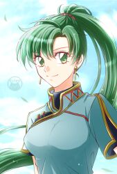  1girl artist_logo asymmetrical_bangs blue_dress breasts cf_wing china_dress chinese_clothes commentary_request dress earrings fire_emblem fire_emblem:_the_blazing_blade green_eyes green_hair hair_tie high_ponytail jewelry logo long_hair looking_at_viewer lyn_(fire_emblem) mandarin_collar medium_breasts ponytail portrait shanghai_neckline shirt shirt_under_dress short_sleeves smile solo turtleneck turtleneck_shirt very_long_hair yellow_trim 