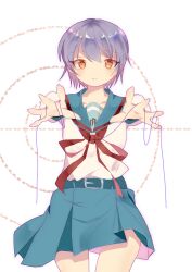  1girl absurdres belt blue_belt blue_sailor_collar blue_skirt brown_eyes closed_mouth expressionless highres holding holding_string kita_high_school_uniform nagato_yuki outstretched_arms purple_hair red_ribbon ribbon sailor_collar school_uniform serafuku short_hair short_sleeves skirt solo straight-on string summer_uniform suzumiya_haruhi_no_yuuutsu zzwdbz 