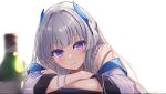  1girl blue_archive blush bottle closed_mouth dasiu grey_hair jacket long_hair looking_at_viewer noa_(blue_archive) portrait simple_background smile solo two-sided_fabric two-sided_jacket violet_eyes white_background white_jacket 