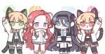  4girls animal_ear_headphones animal_ears arms_up black_hair black_hairband black_shorts black_skirt blonde_hair blue_archive blue_bow blue_eyes blue_halo blue_necktie blush bow cat_ear_headphones cat_ears cat_tail chibi cho_yang closed_mouth commentary fake_animal_ears fake_tail forehead game_development_department_(blue_archive) green_eyes green_halo hair_between_eyes hair_bow hairband halo headphones highres jacket long_hair long_sleeves low-tied_sidelocks midori_(blue_archive) miniskirt momoi_(blue_archive) multiple_girls multiple_hair_bows necktie one_side_up open_mouth orange_halo pink_eyes pink_halo red_bow redhead short_hair shorts simple_background skirt tail transparent_background very_long_hair violet_eyes white_jacket 