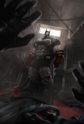  1boy absolute_batman absolute_dc axe back_spikes batman batman_(absolute_dc) batman_symbol battle_axe belt bodysuit bosslogic dc_comics grey_bodysuit highres lifting_object male_focus multicolored_suit solo superhero_costume taut_bodysuit taut_clothes two-tone_suit utility_belt weapon 