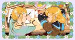  1boy 1girl arm_guards armor blonde_hair blue_eyes blue_tunic book champion&#039;s_tunic_(zelda) cherry closed_eyes cup desk earrings feleven flower_border food fruit hair_ornament hairclip highres jewelry link looking_at_another napkin paper pauldrons pen pointy_ears princess_zelda short_hair shoulder_armor single_pauldron sleeping_on_desk smile tea the_legend_of_zelda the_legend_of_zelda:_tears_of_the_kingdom yellow_tunic 