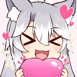  >_< +++ 1girl :d ahoge animal_ear_fluff animal_ears blush chibi closed_eyes commentary_request facing_viewer grey_hair hair_between_eyes heart highres holding holding_heart long_hair multicolored_hair notice_lines nyaha original pink_background simple_background smile solo streaked_hair upper_body white_hair xd 