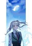  1girl angela_(project_moon) black_vest blue_hair coat collared_shirt falling_feathers feathers highres lab_coat light lobotomy_corporation long_hair long_sleeves msx_(mis4xi) one_side_up parted_bangs project_moon shirt sidelocks solo very_long_hair vest white_coat white_shirt yellow_eyes 