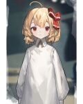  1girl absurdres ahoge blonde_hair closed_mouth clynxen collared_shirt hair_ribbon highres long_sleeves looking_at_viewer puffy_long_sleeves puffy_sleeves red_eyes red_ribbon ribbon rumia shirt short_hair sleeves_past_fingers sleeves_past_wrists solo touhou upper_body white_shirt 