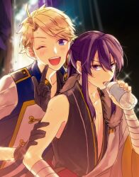  :d ahoge black_gloves black_kimono blonde_hair blue_jacket blush bottle buttons collarbone collared_jacket curtained_hair double-breasted drinking earrings ensemble_stars! fur_shawl gloves gold_trim gon_jiri hadanugi_dousa hair_between_eyes hair_ribbon hand_on_another's_arm idol index_finger_raised jacket japanese_clothes jewelry kanzaki_souma kimono long_sleeves looking_at_viewer narukami_arashi one_eye_closed pectoral_cleavage pectorals ponytail purple_hair red_ribbon ribbon shawl short_hair sidelocks sleeveless sleeveless_kimono smile sparkle stud_earrings sweat teeth upper_teeth_only upturned_eyes v-shaped_eyebrows violet_eyes water_bottle white_kimono wrist_wrap 