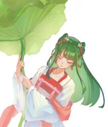  1girl blunt_bangs blush celery_b chinese_clothes closed_eyes closed_mouth commentary eyelashes green_hair hanfu holding kusuriya_no_hitorigoto long_hair maomao_(kusuriya_no_hitorigoto) sidelocks simple_background solo upper_body white_background wide_sleeves 