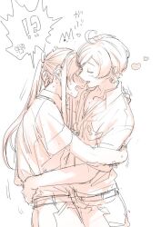  !? ahoge arm_around_another's_waist biting_nose blush closed_eyes collared_shirt commentary_request ensemble_stars! hand_on_another's_head heart hug kanzaki_souma long_hair lower_teeth_only male_focus monochrome motion_lines motoyui nose_blush open_mouth pants parted_bangs ponytail shinkai_kanata shirt shirt_tucked_in short_hair short_sleeves shouting sidelocks simple_background surprised sweat teeth tubuan_oisii upper_teeth_only white_background yumenosaki_school_uniform_(summer) 