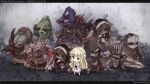  4girls 6+boys armor ball_and_chain_(weapon) beard black_dress black_ribbon blood blood_on_clothes bloody_wings brown_hair chibi cloak commentary_request dagger dark_witch_eleine dress ender_lilies_quietus_of_the_knights expressionless facial_hair faden_the_heretic fake_horns full_armor full_body fushigi_ebi gerrod_the_elder_warrior green_eyes guardian_siegrid guardian_silva habit hat helmet highres hoenir_keeper_of_the_abyss holding holding_dagger holding_knife holding_polearm holding_staff holding_sword holding_weapon hood hood_up hooded_cloak horned_helmet horns knife knight_captain_julius lily_(ender_lilies) long_hair mask multiple_boys multiple_girls own_hands_together polearm red_eyes redhead ribbon skeletal_wings spiked_helmet staff sword ulv_the_mad_knight umbral_knight_(ender_lilies) war_hammer weapon white_dress white_hair white_wings wings witch witch_hat 