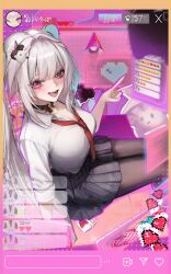  1girl absurdres black_choker black_pantyhose black_skirt border choker commentary gyaru hair_ornament highres honkai:_star_rail honkai_(series) livestream long_hair looking_at_viewer mane031210 open_mouth pantyhose red_eyes red_ribbon ribbon shirt sitting skirt solo sparkle_(honkai:_star_rail) sparxie_(honkai:_star_rail) twintails user_interface v white_hair white_shirt 