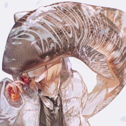  1boy baby_bottle black_necktie blonde_hair blush bottle candy collared_shirt commentary_request cuso4_suiwabutu down_jacket food highres holding holding_candy holding_food jacket long_sleeves male_focus necktie original parted_lips shark_girl shark_head shirt simple_background solo standing teeth tiger_shark upper_body vest white_background white_jacket white_shirt 