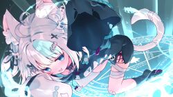  1girl :3 ahoge animal_ears bandages blue_eyes blue_hair cat_ears cat_girl cat_tail collar commentary_request highres hood hoodie indie_virtual_youtuber kneeling leaning_forward long_sleeves multicolored_hair nani_(vtuber) nekoporeo open_mouth pentagram single_thighhigh socks tail thigh-highs two-tone_hair two_side_up virtual_youtuber white_hair 