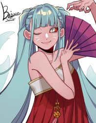  1girl aqua_hair aqua_tail arm_up bare_shoulders closed_mouth cold861227 colored_sclera commentary commentary_request cookie_run cookie_run:_kingdom dress facial_mark facing_viewer fingernails fox_girl fox_tail grey_eyes hand_fan holding holding_fan humanization kitsune kumiho_cookie long_hair looking_to_the_side multiple_tails off_shoulder one_eye_closed red_dress red_sclera sharp_fingernails simple_background sleeveless sleeveless_dress slit_pupils smile solo tail twintails very_long_hair whisker_markings white_background yellow_trim 