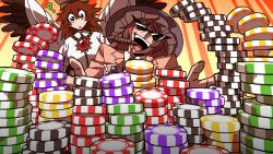  2girls ? absurdres bird_wings black_eyes black_wings brown_hair brown_jacket cape chest_eye cigar commentary eddybird55555 english_commentary gensokyo_odyssey hat highres jacket kakkoi_elbertson long_hair looking_at_viewer multiple_girls open_mouth poker_chip red_pupils reiuji_utsuho second-party_source sunglasses third_eye touhou triangular_eyewear white_cape wings 