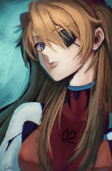  1girl absurdres blue_eyes bodysuit breasts brown_hair closed_mouth commentary_request dai_(maku57979607) expressionless eyepatch hair_between_eyes highres long_hair looking_at_viewer mecha_pilot_suit medium_breasts neon_genesis_evangelion one_eye_covered plugsuit_(evangelion) procreate_(medium) rebuild_of_evangelion red_bodysuit signature solo souryuu_asuka_langley upper_body 