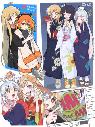  4girls a.i._voice absurdres adachi_rei ahoge alternate_eye_color animal_ears animal_on_head animal_on_shoulder black_hair blonde_hair blue_eyes chat_log cho_kaguya-hime! closed_eyes commentary_request crossover eye_color_switch floral_print floral_print_kimono fushi_(cho_kaguya-hime!) highres hug hug_from_behind japanese_clothes kaguya_(cho_kaguya-hime!) kimono livestream long_hair long_sleeves lop_rabbit_ears multicolored_hair multiple_girls on_head oo0matarasi0oo open_mouth orange_eyes orange_hair pink_hair plant pointing print_kimono rabbit_ears red_eyes runami_yachiyo sakayori_iroha translation_request two-tone_hair utau venus_flytrap violet_eyes white_hair 