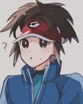  1boy :o ? absurdres blue_jacket bodysuit bodysuit_under_clothes bright_pupils brown_eyes brown_hair commentary_request confused high_collar highres jacket male_focus nate_(pokemon) parted_lips pokemon pokemon_(game) pokemon_bw2 red_headwear short_hair solo sweatdrop upper_body visor_cap white_pupils yuno_(kotogitune) 
