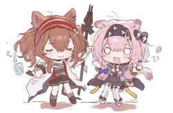 2girls :3 angelina_(arknights) animal_ear_fluff animal_ears arknights black_bow black_gloves black_hairband black_shirt black_shorts black_skirt black_socks bow braid brown_hair cat_ears cat_girl cat_tail chinese_commentary closed_eyes coat commentary_request deformed double-parted_bangs floppy_ears flying_sweatdrops fox_ears fox_girl glass gloves goldenglow_(arknights) hair_between_eyes hairband jacket lightning_bolt_print long_hair long_sleeves medium_hair multicolored_hairband multiple_girls mundane_utility open_clothes open_coat open_jacket open_mouth pink_hair pink_jacket print_hairband red_hairband red_jacket shirt short_shorts shorts side_braid simple_background single_braid skirt socks solid_circle_eyes striped_clothes striped_hairband surprised tail telekinesis thigh-highs twintails two-tone_hairband water white_background white_bow white_coat white_shirt white_thighhighs zchuan992 