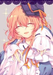  1girl :d ^_^ black_ribbon blue_kimono closed_eyes commentary_request doily facing_viewer ghost_pose grey_background hair_between_eyes japanese_clothes kimono long_hair long_sleeves open_mouth orange_ribbon pink_hair ribbon ribbon-trimmed_collar ribbon-trimmed_sleeves ribbon_trim saigyouji_yuyuko sleeves_past_wrists smile solo tama_(soon32281) touhou upper_body 