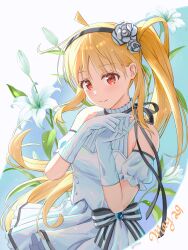  1girl absurdres alternate_costume bare_shoulders blonde_hair bocchi_the_rock! commentary_request dress elbow_gloves flower gloves hair_ornament highres ijichi_nijika long_hair red_eyes simple_background skirt solo white_background white_dress white_gloves white_skirt yuyuu 