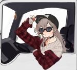  1girl ahoge baseball_cap berry black_choker brown_eyes brown_hair choker cocked_eyebrow crossed_bangs driving earrings eus_ing feathers flannel food-themed_earrings hair_ornament hairclip hat hat_tip highres hololive hololive_english jewelry long_hair looking_at_viewer motor_vehicle mouth_hold multicolored_hair nanashi_mumei nanashi_mumei_(3rd_costume) necklace official_alternate_costume plaid plaid_shirt red_shirt semi_truck shirt sitting stalk_in_mouth steering_wheel streaked_hair sunglasses sweater truck virtual_youtuber white_sweater 