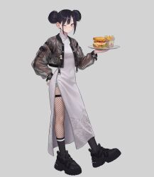  1girl absurdres banknote black_hair black_shoes black_socks brown_eyes buckle burger charm_(object) china_dress chinese_clothes closed_mouth commentary cropped_jacket dollar_bill double_bun dress fast_food fishnet_pantyhose fishnets food french_fries full_body grey_background grey_dress hair_bun hand_on_own_hip highres holding holding_tray jacket jaejae light_blush long_dress long_sleeves looking_at_viewer money one_eye_closed open_clothes open_jacket original pantyhose print_dress see-through_clothes see-through_jacket shoes simple_background snap-fit_buckle sneakers socks solo standing thigh_strap tray zipper zipper_pull_tab 