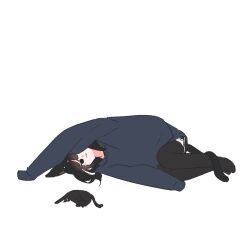  1girl :3 arm_up black_cat black_eyes black_hair black_shorts black_thighhighs blue_hoodie blush_stickers cat closed_mouth commentary_request dolphin_shorts full_body hood hoodie jitome kuro_(uchi_no_kuroneko_onnanoko) long_hair long_sleeves lying mame_(uchi_no_kuroneko_onnanoko) megateru on_side short_shorts shorts simple_background sleeves_past_fingers sleeves_past_wrists solo thigh-highs uchi_no_kuroneko_onnanoko white_background 
