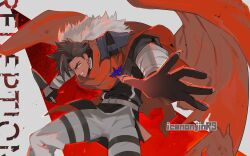  1boy armor artist_name belt black_belt black_gloves black_shirt brown_hair cape commentary_request dark-skinned_male dark_skin eyebrow_cut forbartz_xylo fur-trimmed_cape fur_trim gloves grey_background grey_belt grey_pants highres holding holding_sword holding_weapon isenon_(icenonjinrs) looking_at_viewer male_focus outstretched_arm pants parted_hair pauldrons red_cape shirt shoulder_armor solo spiky_hair standing sword thigh_belt thigh_strap weapon white_fur yuushakei_ni_shosu 