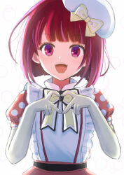  1girl :d arima_kana beret bob_cut bow chest_bow commentary_request dress elbow_gloves gloves hat hat_bow heart heart_hands highres idol idol_clothes inverted_bob oshi_no_ko polka_dot polka_dot_dress pop_in_2 puchipuchi_(nisepuchi) red_dress red_eyes red_hair short_hair smile solo white_background 