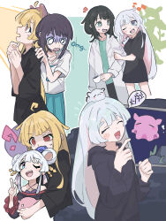  4girls absurdres aged_up black_hair black_shirt blonde_hair blue_kimono blush cho_kaguya-hime! commentary_request fushi_(cho_kaguya-hime!) green_eyes hair_ornament hair_rings hair_stick highres japanese_clothes kaguya_(cho_kaguya-hime!) kimono lab_coat long_hair long_sleeves mole mole_under_eye multiple_girls oo0matarasi0oo open_mouth pacifier runami_yachiyo runami_yachiyo_(chibi) sakayori_iroha shirt smile straight_hair translated umbrella_octopus yuri 