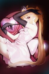  1girl absurdres ahoge bare_shoulders black_gloves blonde_hair bocchi_the_rock! breasts chair commentary_request dress elbow_gloves eltir gloves highres ijichi_nijika korean_commentary long_hair looking_at_viewer on_chair red_eyes side_ponytail sitting small_breasts solo very_long_hair vignetting white_dress 