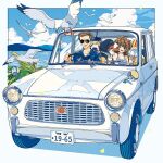  1boy 1girl animal_collar aviator_sunglasses bird blue_eyes blue_sky braid brown_hair car clouds cloudy_sky collar dog driving food gingham_dress hawaiian_shirt highres holding holding_food ice_cream keishin license_plate long_hair motor_vehicle mountainous_horizon one_eye_closed open_mouth original palm_tree pug seagull shirt short_hair sky smile sunglasses tree twin_braids white_shirt 