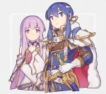  1boy 1girl blue_eyes blue_hair book brother_and_sister cape circlet dress fire_emblem fire_emblem:_genealogy_of_the_holy_war fur_trim haconeri hand_on_weapon headband holding holding_book julia_(fire_emblem) long_hair looking_at_viewer ponytail purple_hair seliph_(fire_emblem) siblings simple_background sword tyrfing_(fire_emblem) violet_eyes weapon white_headband 