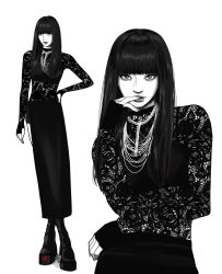  1girl aespa blunt_bangs boots commentary east_asian finger_to_mouth fingerless_gloves gloves greyscale hand_on_own_hip highres jewelry k-pop long_hair long_skirt looking_at_viewer monochrome multiple_views necklace ningning_(aespa) ochy platform_boots real_life side_slit skirt untranslatable_commentary white_background 