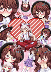  2girls :t absurdres black_hat blush bow bow_legwear buttons character_doll closed_mouth collared_shirt commentary_request covering_own_face crossed_legs doll fujiwara_no_mokou fumo_(doll) glasses hair_between_eyes hair_bow hand_on_own_knee hands_on_own_cheeks hands_on_own_face hat hat_bow heart heart_hands highres holding holding_phone kuronon long_hair medium_hair multiple_girls nose_blush one_eye_closed opaque_glasses open_mouth own_hands_together pants phone pink_background plaid_clothes plaid_skirt plaid_vest purple_skirt purple_vest red-framed_eyewear red_eyes red_pants shirt sitting skirt socks suspender_pants sweatdrop swept_bangs touhou translation_request twintails usami_sumireko vest white_bow white_hair white_shirt white_socks yuri 
