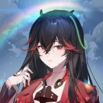  1girl adjusting_hair black_hair blush chinese_commentary close-up clouds cloudy_sky coat collarbone commentary commission crossed_bangs doll_joints hand_up happy_birthday headgear headphones headphones_around_neck highres joints long_hair looking_at_viewer lucia:_lotus_(rain_walking)_(punishing:_gray_raven) lucia_(punishing:_gray_raven) mechanical_hands multicolored_hair official_alternate_costume portrait punishing:_gray_raven rain rainbow raincoat red_coat red_eyes redhead second-party_source sky solo streaked_hair water_drop wet wet_face youling_keke 