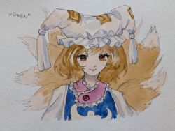  1girl animal_ears animal_hat blonde_hair blue_tabard closed_mouth commentary cropped_shoulders dress english_commentary fox_ears fox_tail hat kitsune lips mob_cap multiple_tails painting_(medium) short_hair signature smile solo tabard tail touhou traditional_media watercolor_(medium) white_background white_dress yakumo_ran yellow_eyes yuuren_kyouko 