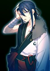  1boy black_background black_shirt commentary_request cowboy_shot crescent ensemble_stars! fur_shawl hadanugi_dousa hair_between_eyes hand_on_own_head head_tilt japanese_clothes kanzaki_souma kimono long_hair looking_up male_focus parted_lips pectoral_cleavage pectorals ponytail purple_hair shawl shirt sidelocks sleeveless sleeveless_shirt solo sweat tubuan_oisii violet_eyes wrist_wrap 