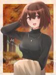  1girl :d artist_name black_sweater brown_hair brown_jacket casual hair_between_eyes hair_ribbon hand_in_own_hair highres holding holding_clothes holding_jacket ise_(kancolle) jacket kantai_collection long_sleeves looking_to_the_side one-hour_drawing_challenge ponytail red_eyes red_ribbon ribbon short_hair smile solo sweater turtleneck turtleneck_sweater twitter_username upper_body wiwo 