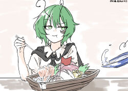  1girl :t absurdres alcohol annoyed antennae arm_at_side black_cape cape chewing chopsticks cocked_eyebrow collared_shirt commentary counter cup curled_fingers dated drink eating elbow_on_table elbow_rest falling fish_(food) food gloom_(expression) green_eyes green_hair grey_background hand_up highres holding holding_chopsticks ice jitome one-hour_drawing_challenge red_flag sakazuki sashimi sashimi_funamori seafood shirt short_hair sideways_glance signature simple_background sketch sleeve_rolled_up solo splashing straight-on touhou touhou_mystia's_izakaya upper_body ve1024 white_shirt wriggle_nightbug 