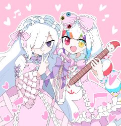  absurdres bow commentary_request dress frilled_dress frilled_skirt frilled_sleeves frills hair_over_one_eye hairband hat heart heterochromia highres holding holding_microphone_stand jogasaki_noah layered_dress lolita_fashion lolita_hairband long_hair long_sleeves looking_at_viewer maemae_(rixathsi) mahou_shoujo_no_majo_saiban microphone_stand multicolored_hair multiple_girls natsume_an-an official_alternate_costume open_mouth pink_background pink_dress red_eyes simple_background skirt sleeve_bow smile streaked_hair sweet_lolita v violet_eyes white_hair white_hairband wide_sleeves yellow_eyes 