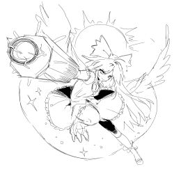  1girl absurdres arm_cannon asymmetrical_footwear bow but_ta_ma cape chest_eye closed_mouth commentary_request frilled_skirt frills full_body hair_bow highres korean_commentary long_hair looking_at_viewer mismatched_footwear monochrome reiuji_utsuho short_sleeves sketch skirt smile solo starry_sky_print touhou weapon wings 