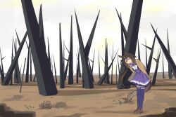  1girl absurdres animal_ears bow brown_hair brown_shoes coat commentary english_commentary full_body hair_between_eyes highres horse_ears horse_girl horse_tail impending_doom leaning_to_the_side long-term_nuclear_waste_warning_message long_hair long_sleeves looking_at_viewer multicolored_hair myticalcat outdoors pleated_skirt ponytail purple_shirt purple_skirt purple_thighhighs scenery school_uniform shirt shoes skirt smile solo standing stay_gold_(umamusume) streaked_hair tail thigh-highs tracen_school_uniform umamusume violet_eyes white_bow white_streaks yellow_coat zalgo_commentary zettai_ryouiki 