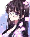 1girl artist_name black-framed_eyewear black_hair blue_background blush closed_mouth commentary expressionless falling_petals glasses himawari-san himawari-san_(character) lips long_hair long_neck looking_at_viewer petals pink_lips portrait signature simple_background solo sugano_manami symbol-only_commentary two-tone_background violet_eyes white_background 