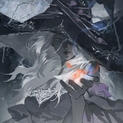  1girl bare_shoulders breasts casting_spell closed_mouth colored_eyelashes colored_skin elden_ring elden_ring_nightreign energy_ball fingernails floating_hair grey_background grey_eyes grey_skin hand_up hat hat_over_one_eye highres huixingweiqi incoming_attack large_breasts large_hat lips long_hair looking_down magic purple_sleeves recluse_(elden_ring) solo upper_body white_eyelashes white_hair witch witch_hat 
