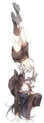  1girl alternate_costume belt black_hair black_jacket black_shorts black_socks blue_eyes chinese_commentary commentary_request full_body grey_belt grey_shoes handstand highres invisible_floor jacket kagura_hikari kneehighs long_hair long_sleeves looking_at_viewer min_(120716) navel open_clothes open_jacket parted_lips shirt shoes short_sleeves shorts shoujo_kageki_revue_starlight simple_background socks solo sparkle_hair_ornament stomach suspender_shorts suspenders upside-down white_background white_shirt 